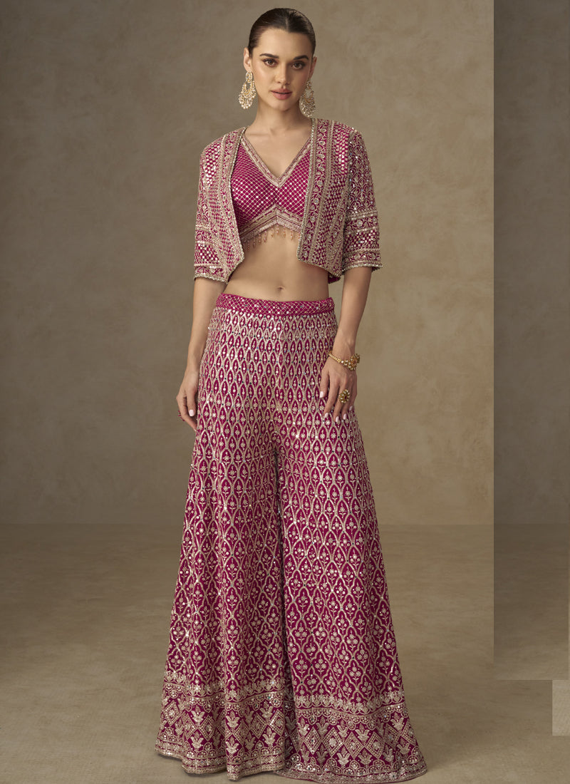 Vegaa Fashion Pink Georgette Embroidered & Hand Work Jacket Style Co-Ord Set 