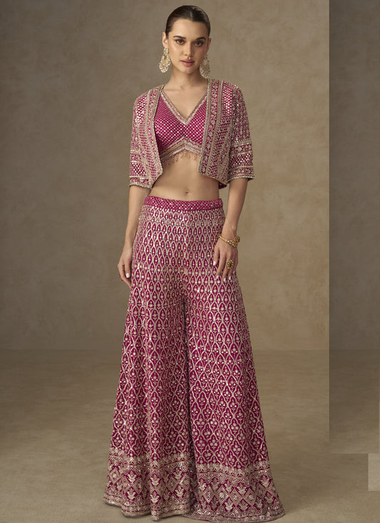 Vegaa Fashion Pink Georgette Embroidered & Hand Work Jacket Style Co-Ord Set 