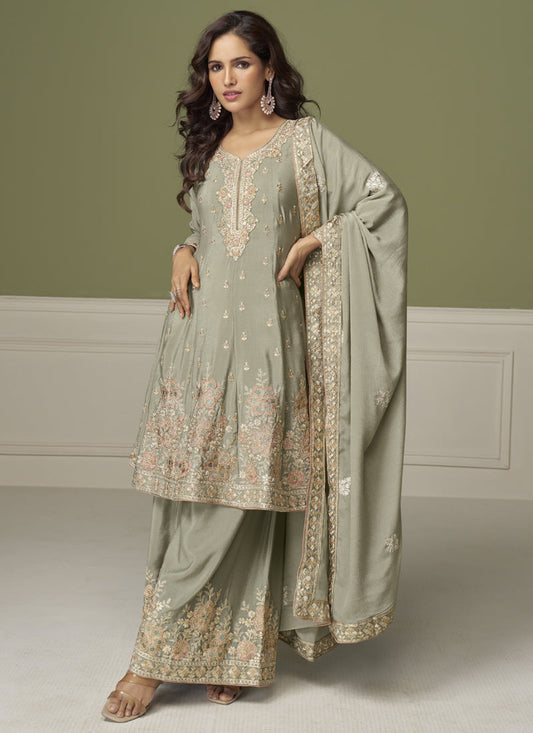 Vegaa Fashion Light Grey Chinon Silk Embroidered Sharara Suit  Grab2Buy Vegaa Fashion Grab2Buy
