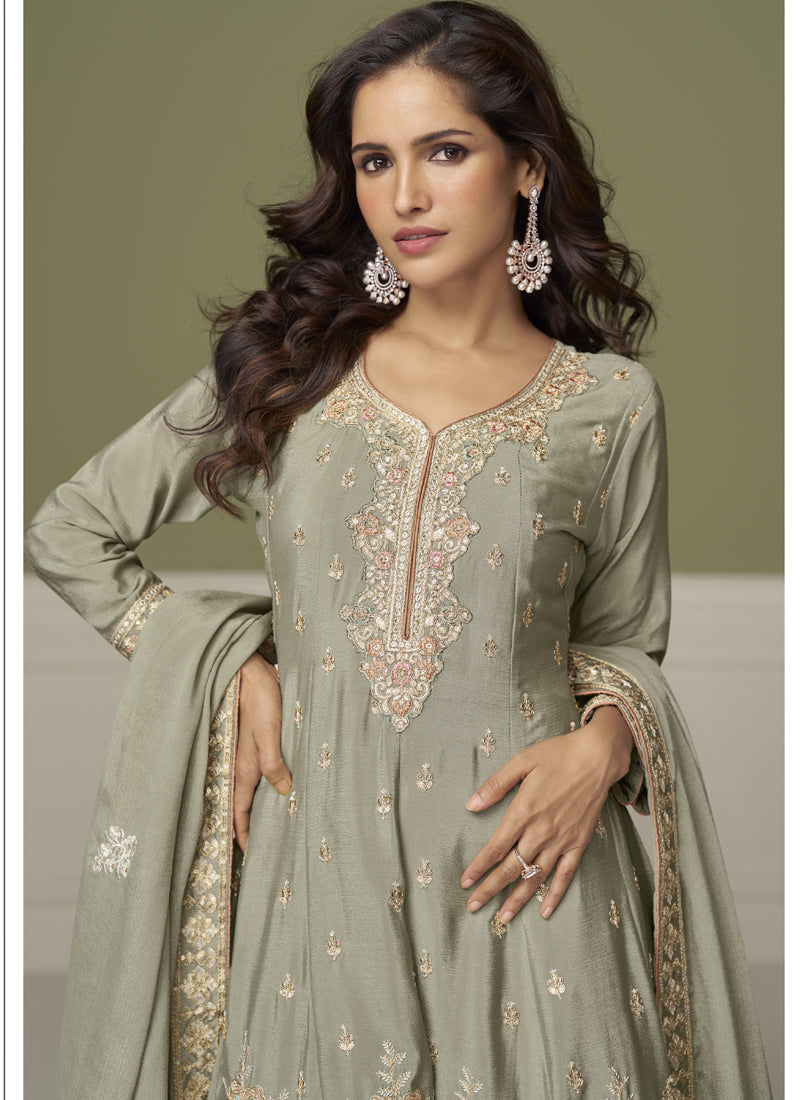 Vegaa Fashion Light Grey Chinon Silk Embroidered Sharara Suit  Grab2Buy Vegaa Fashion Grab2Buy