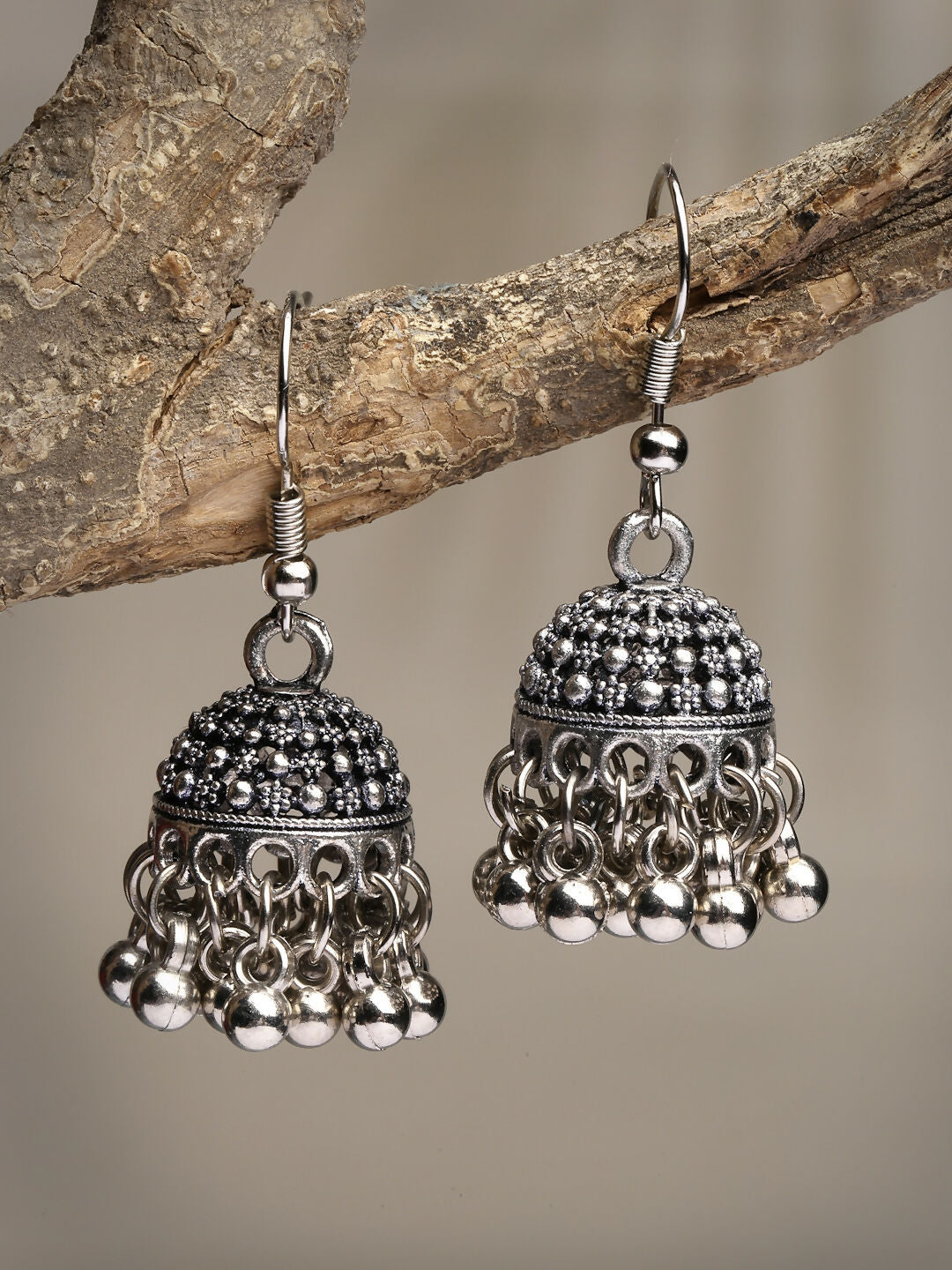 NVR Women's Silver-Toned German Silver Oxidised Dome Shaped Jhumka Earrings - Grab2buy