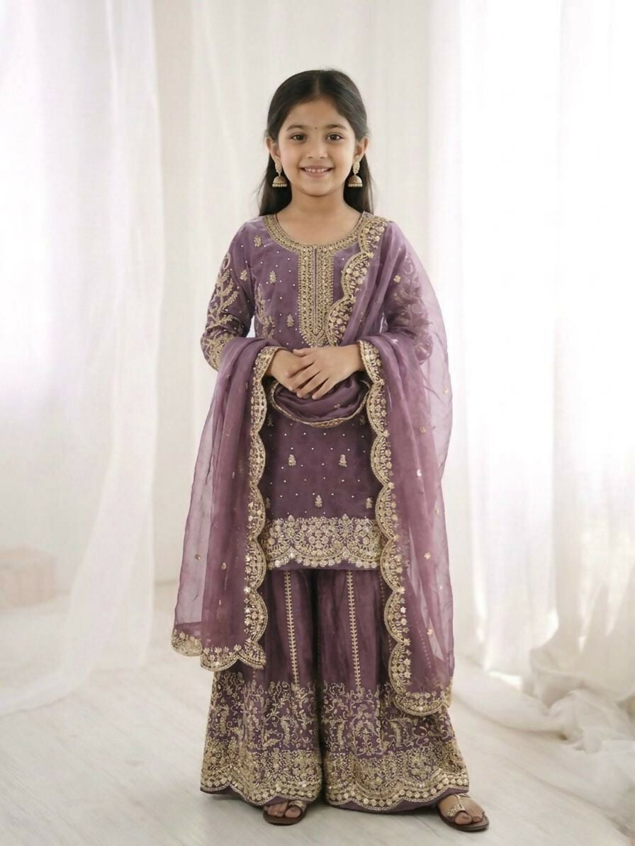 Teeya Creation New Trendy Fully Stitched Ready to Wear Kids Kurta Palazzo Set-Purple