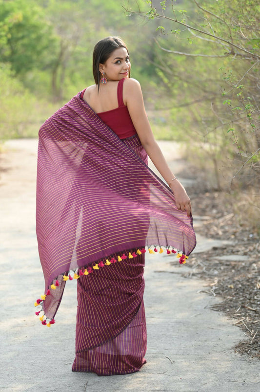 Very Much Indian Designer Pure Cotton Saree With All Over Linear Stripes - Maroon - Grab2buy