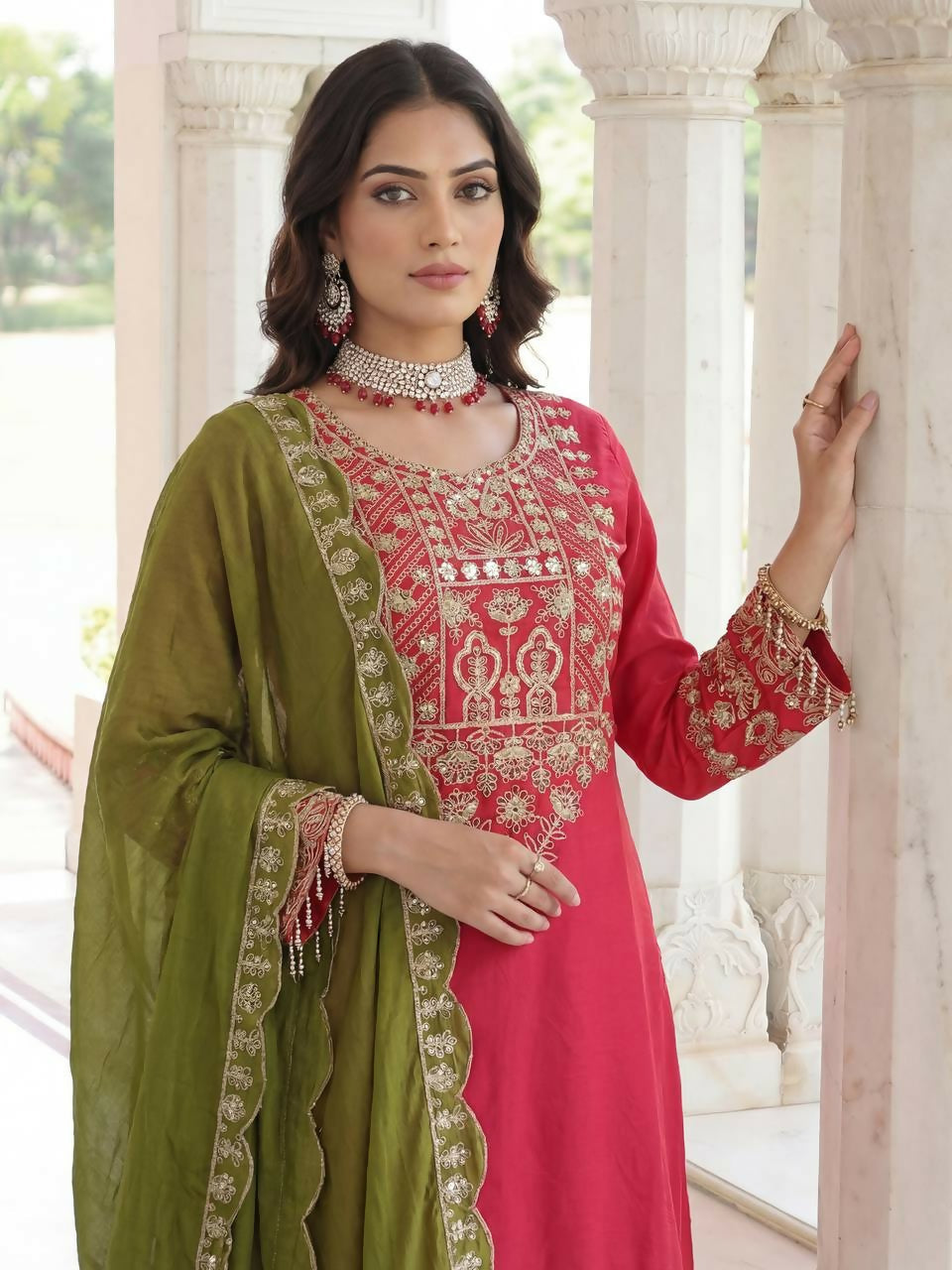 Teeya Creation Rani Chinon Silk Designer Wedding Wear Embroidery Work Palazzo
