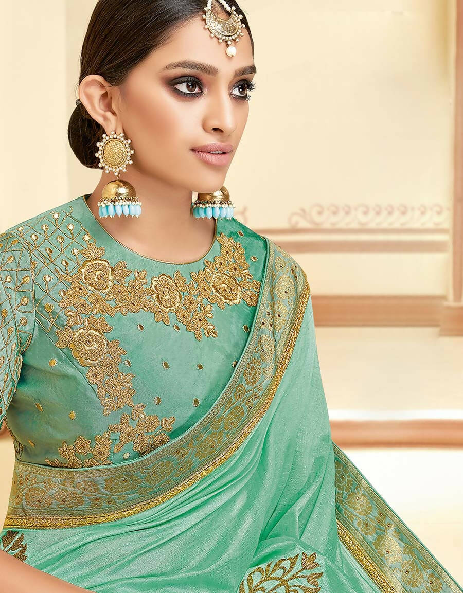 Pista Green Silk Zari And Cord Embroidery, Laser Cut Buttas, Tassels Saree - Norita Alankrita