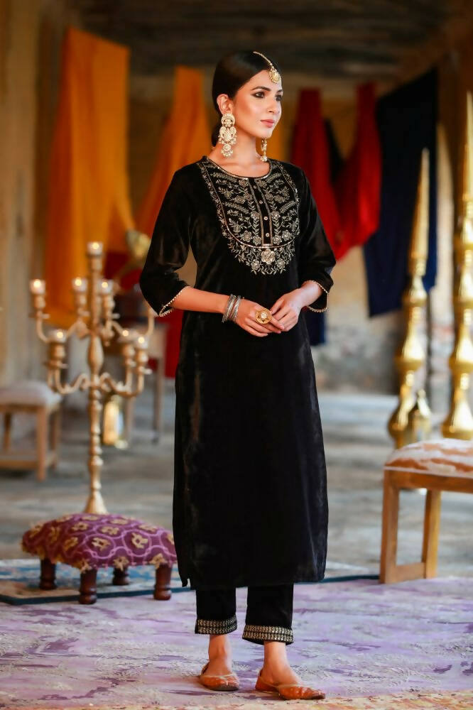 Juniper Women Black Velvet Embroidered Straight Kurta Sets