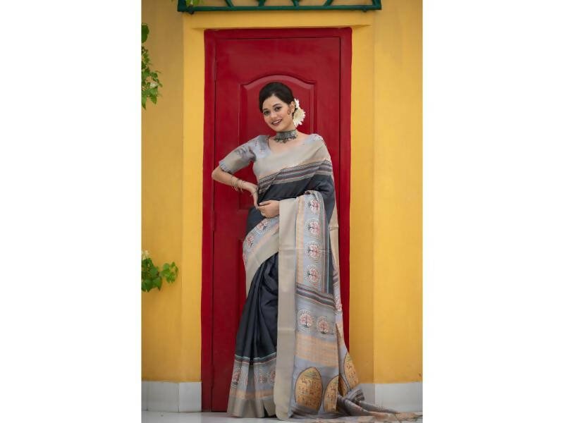 Aastha Fashion Women's Dark Grey Tussar Silk Digital Printed Saree with Blouse - Grab2buy