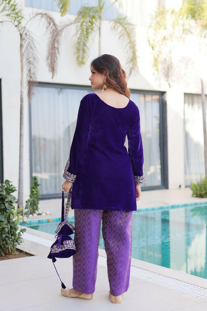 Joban Fashion Purple Kurta Set Velvet Sequins , Zari, Coding & Thread Embroidered work