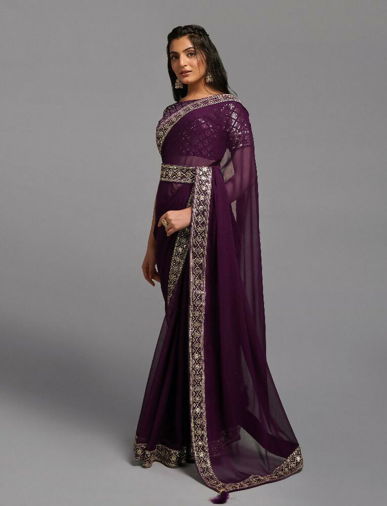 PR Fashion Wine Zometo Embroidery Lace Saree