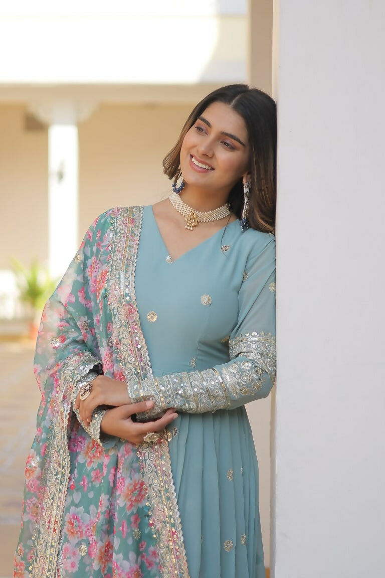 Jyoti Fashion Women's Sky Blue Faux Georgette Sequins Zari Embroideredy Anarkali Dress with Dupatta | Swadesiicart