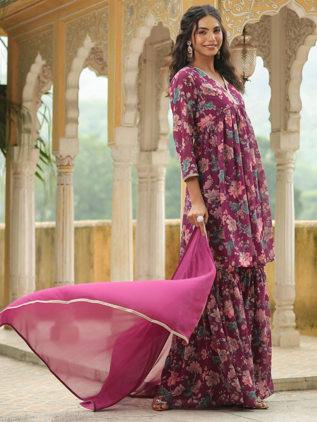 Janasya Purple Georgette Floral Kurta,Bottom & Dupatta 