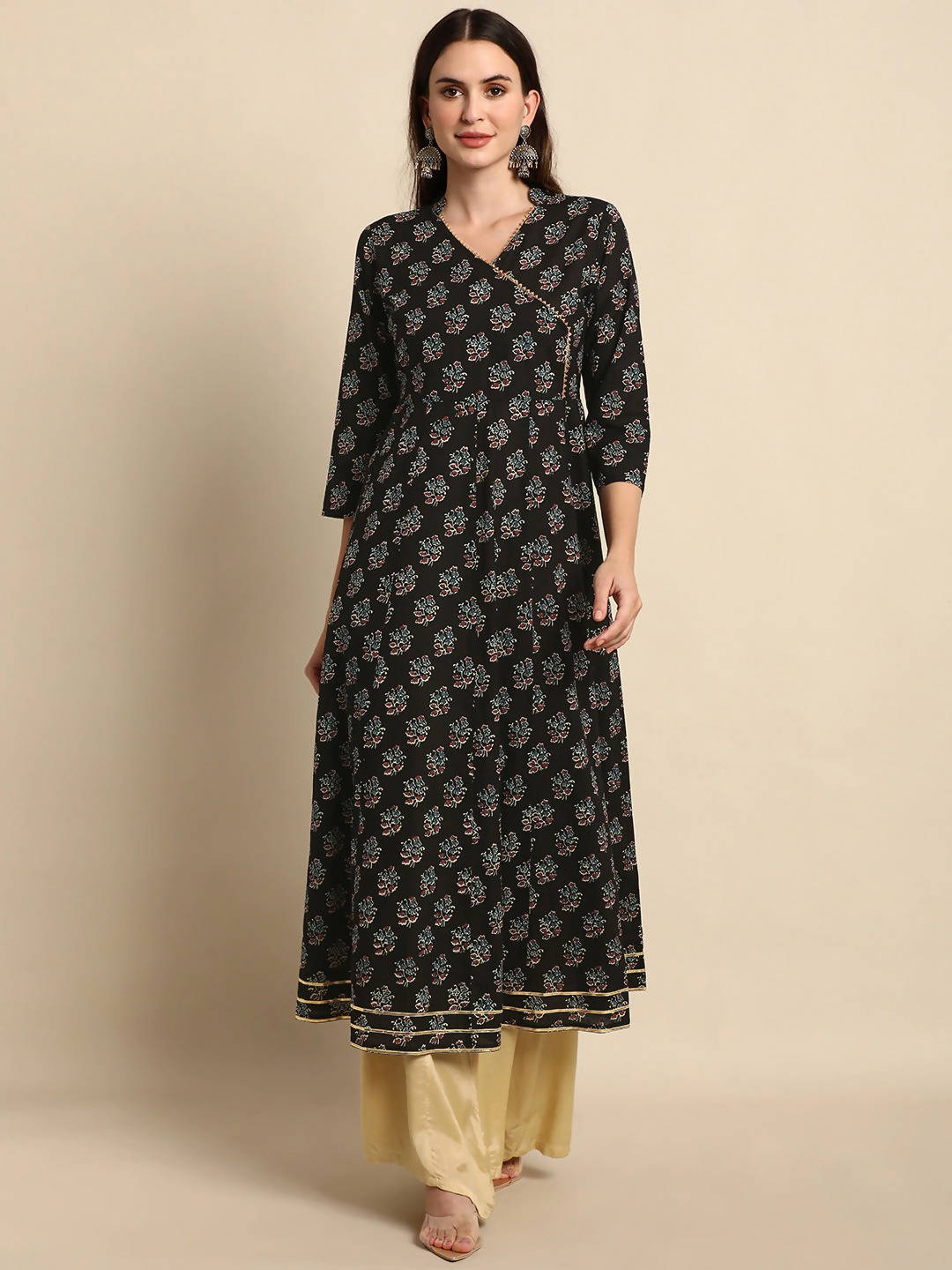 Janasya Women Black Ethnic Motif Printed Gotta Patti Anarkali Kurta