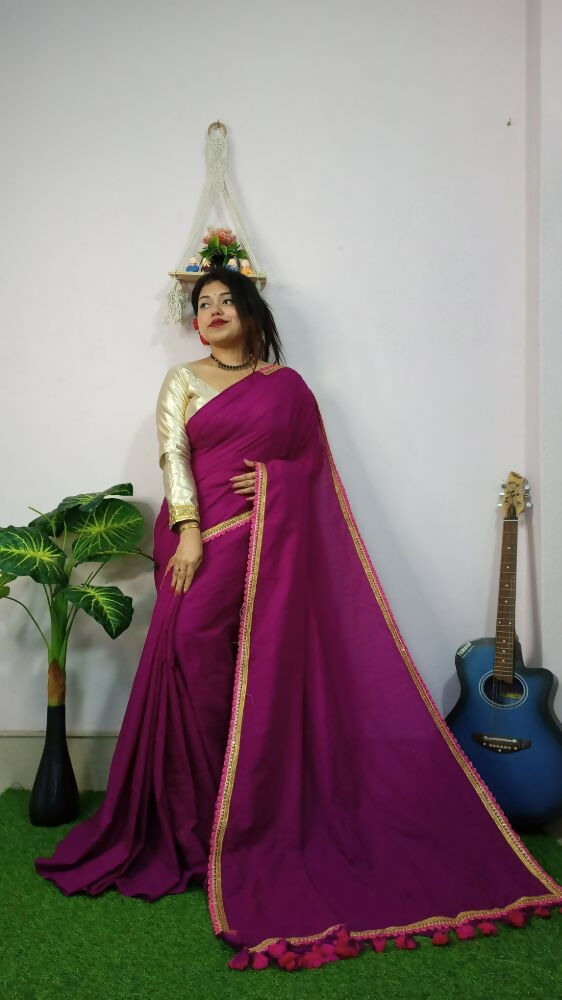 Exclusive Collection Beautiful Khadi Cotton Handloom Grab2Buy With Beautiful Zari Border - Purple 