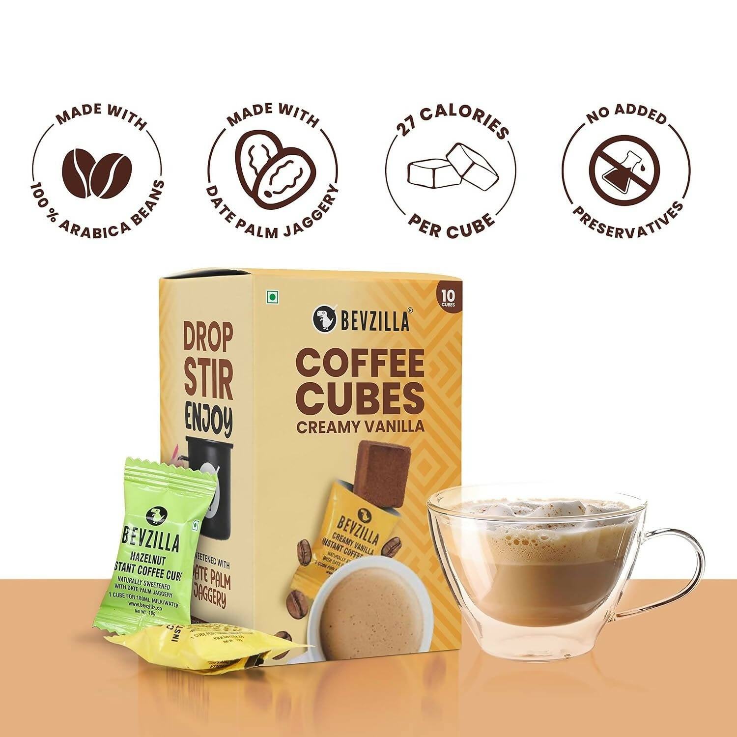 Bevzilla Instant Coffee Cubes Pack with Organic Date Palm Jaggery - Creamy Vanilla 