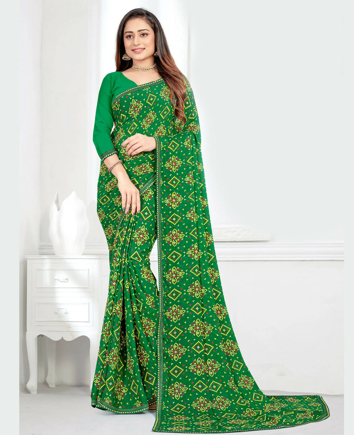 Green Georgette Bandhani Printed Saree With Unstitched Blouse Piece - Jyoti