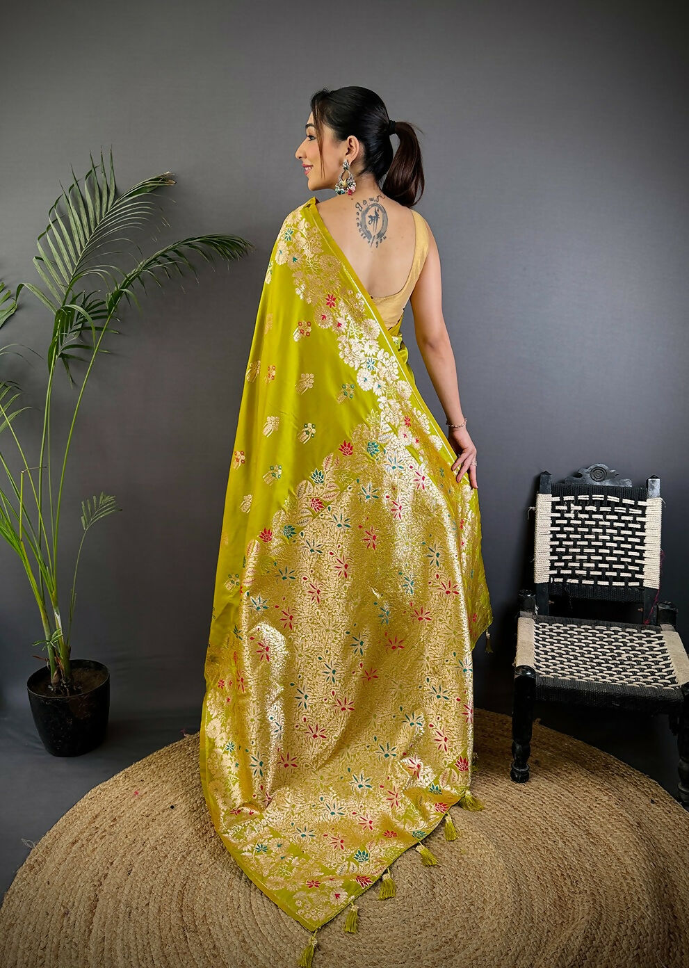 Joban Fashion Meenakari Lime Green Woven Soft Silk Saree