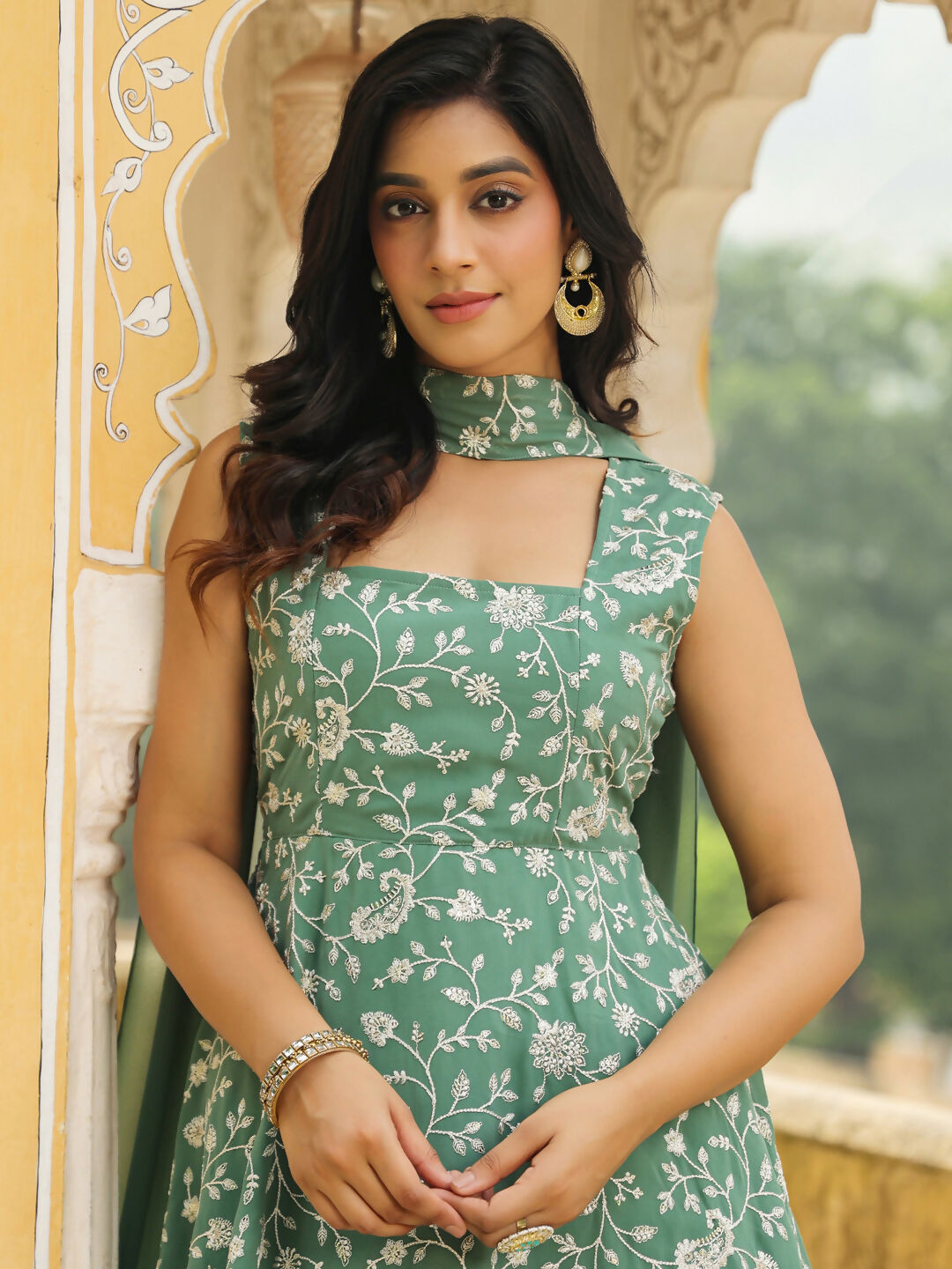Janasya Sage Green Georgette Embroidered Kurta,Bottom & Dupatta 
