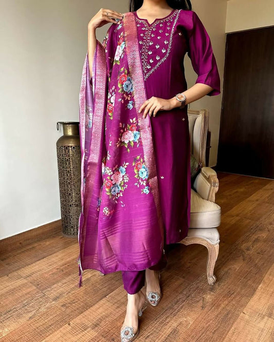 The52 Wine Women's Gorgeous Embroidered Rayon Fabric Straight Kurta Pant with Dupatta Set | Grab2Buy