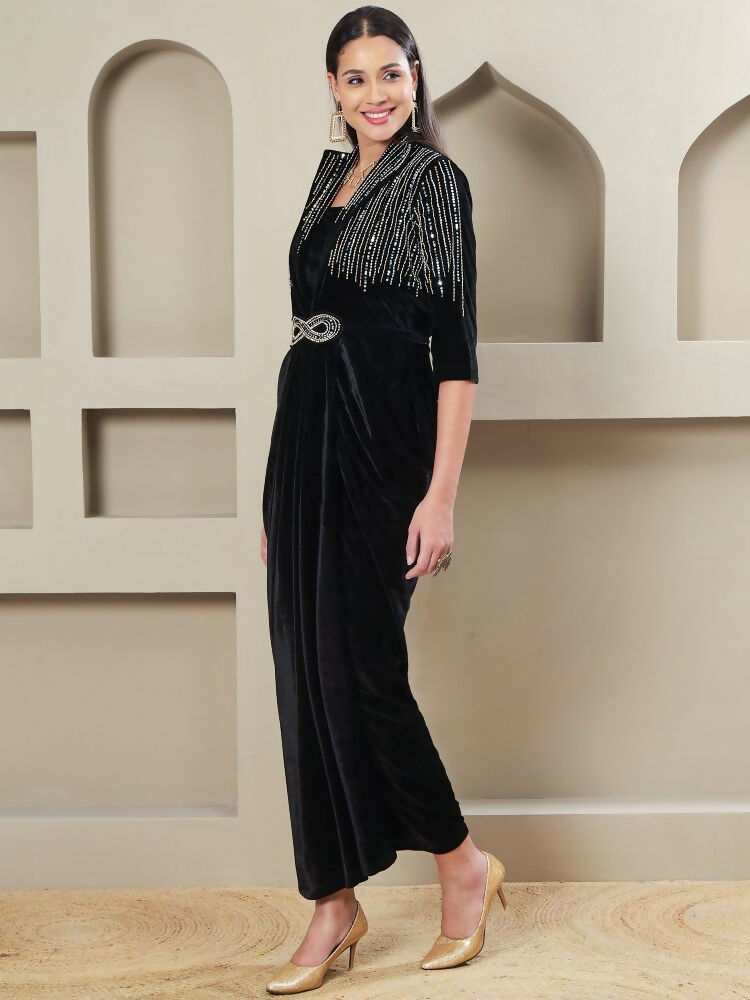 Joban Fashion Women Black Velvet Hand Embellishment Stitched Dress