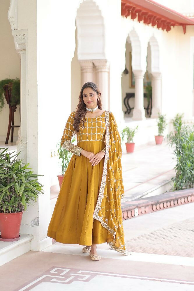Joban Fashion Yellow Kurta Set Silk Sequins , Zari, Coding & Thread Embroidered work