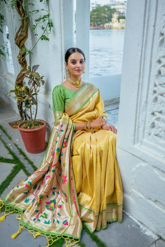 Aastha Fashion Yellow Woven Kanjivaram Silk Saree with Blouse - Grab2buy
