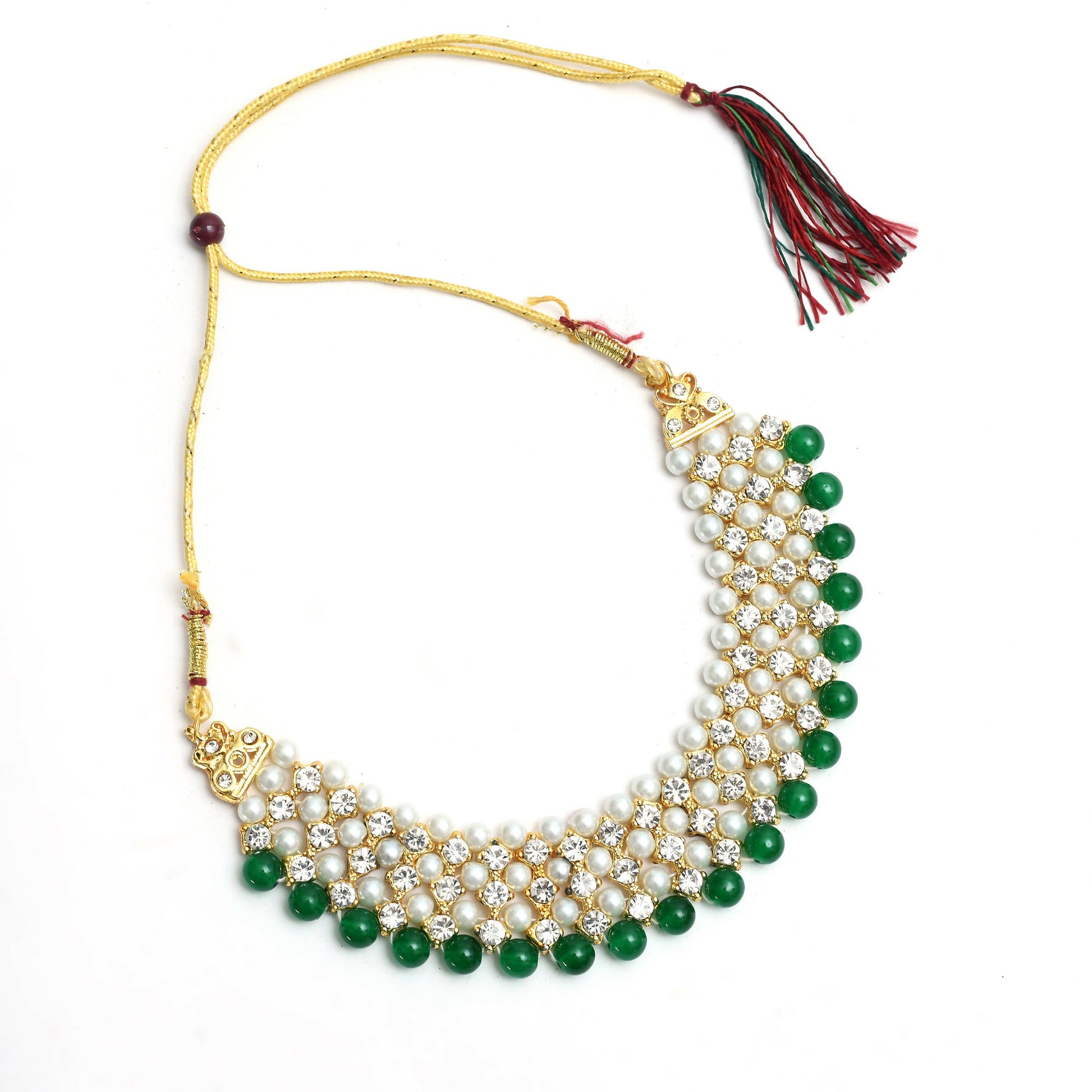 Mominos Fashion Johar Kamal Gold-Plated Rani Haar with Cream Green and Off white Pearls Jewellery Set - Grab2buy