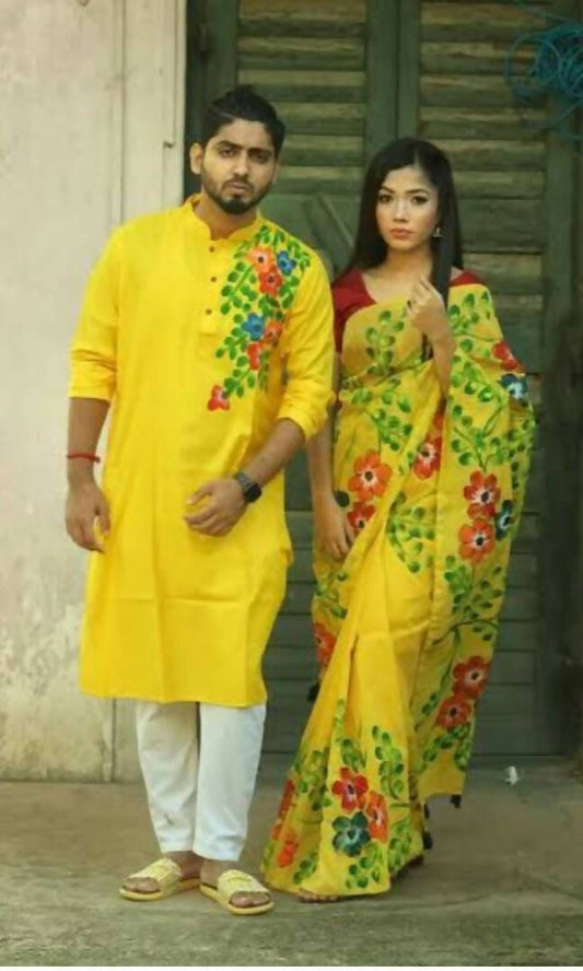 Exclusive Collection Elegant Hand Printing Designe On Pure Cotton Grab2Buy And Men's Kurta - Yellow 