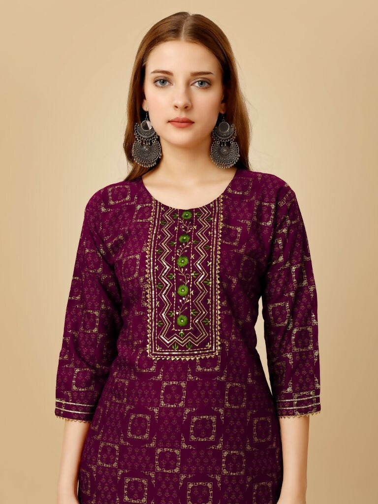 Jyoti Fashion Women's Wine Viscose Rayon Embroidered Kurta Pant Set