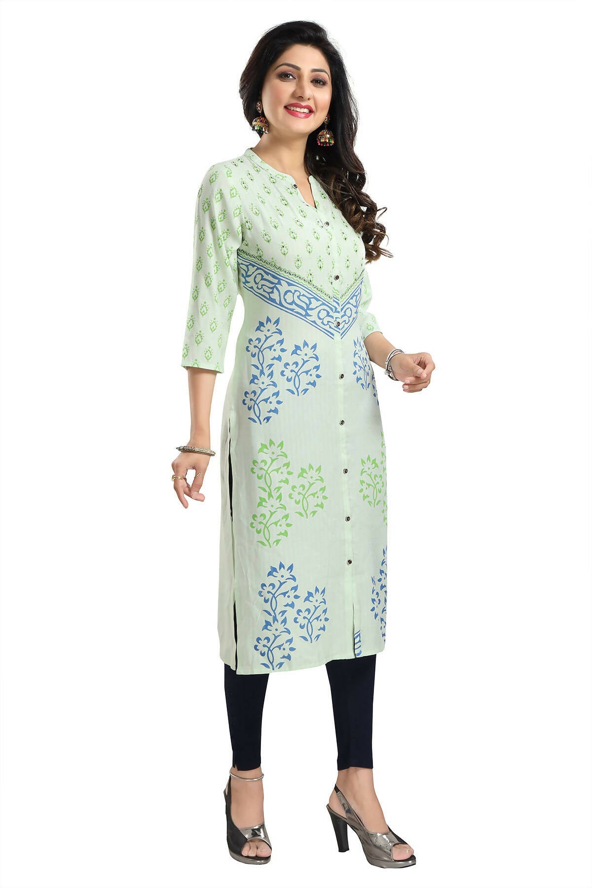 Snehal Creations Green Rayon Textured Print Long Kurta For Women
