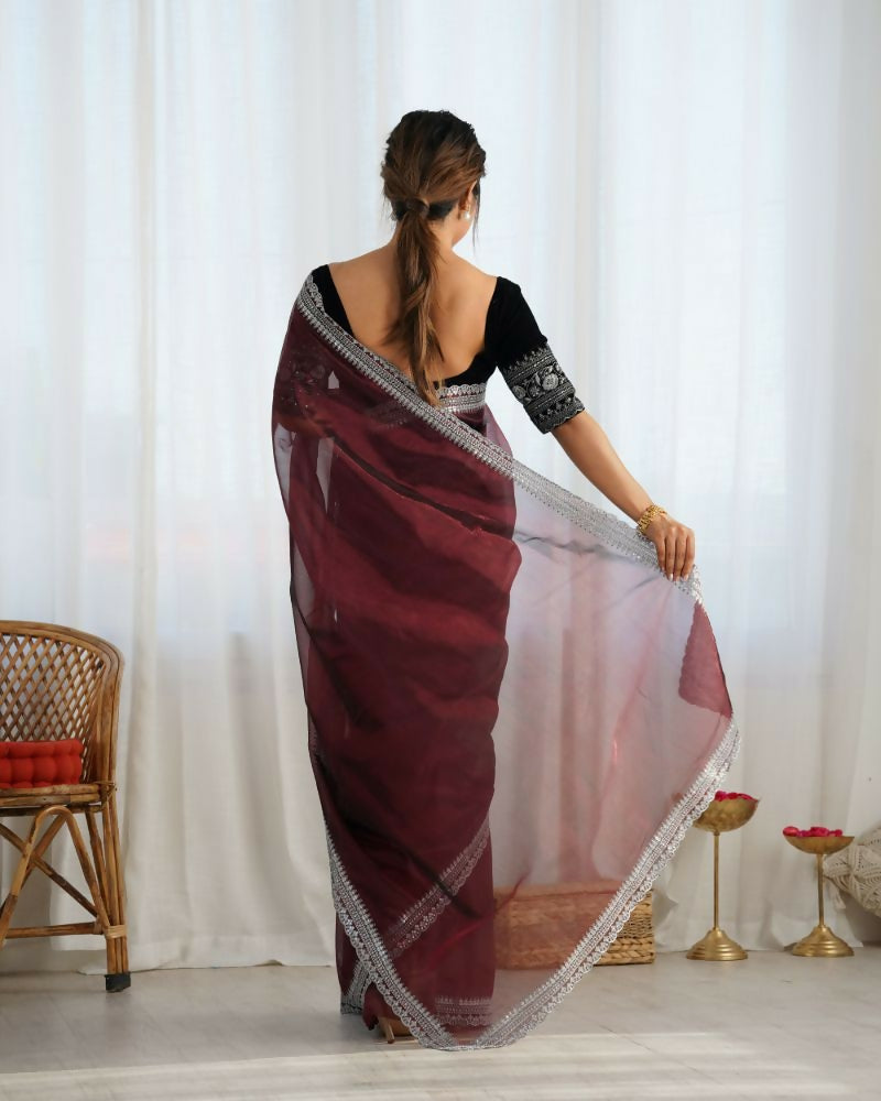 Attrctive Looking Gold Jari, Sequance Embroidery Work Twill Net Party Wear Saree - Coffee