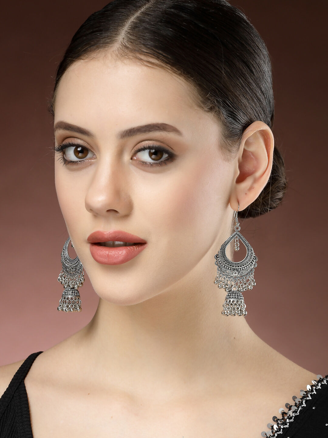 NVR Women's Silver-Plated German Silver Oxidized Jhumka Earrings 