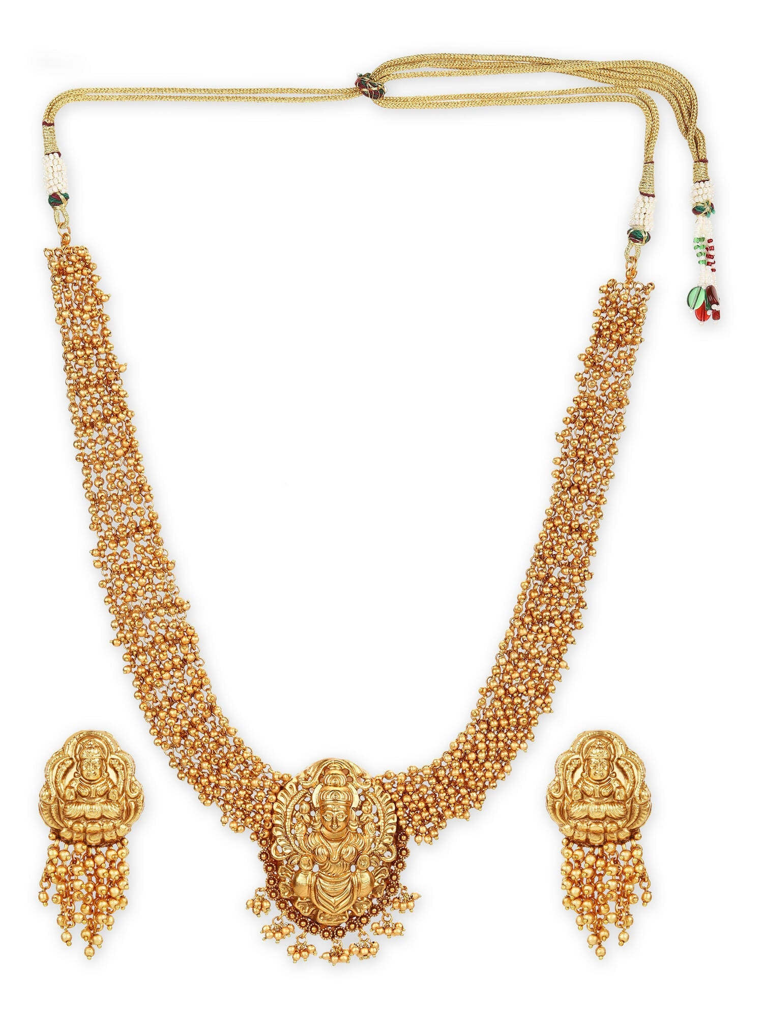 Gold-Plated Pearls Beaded Temple Jewellery Set - Ruby Raang - Grab2buy