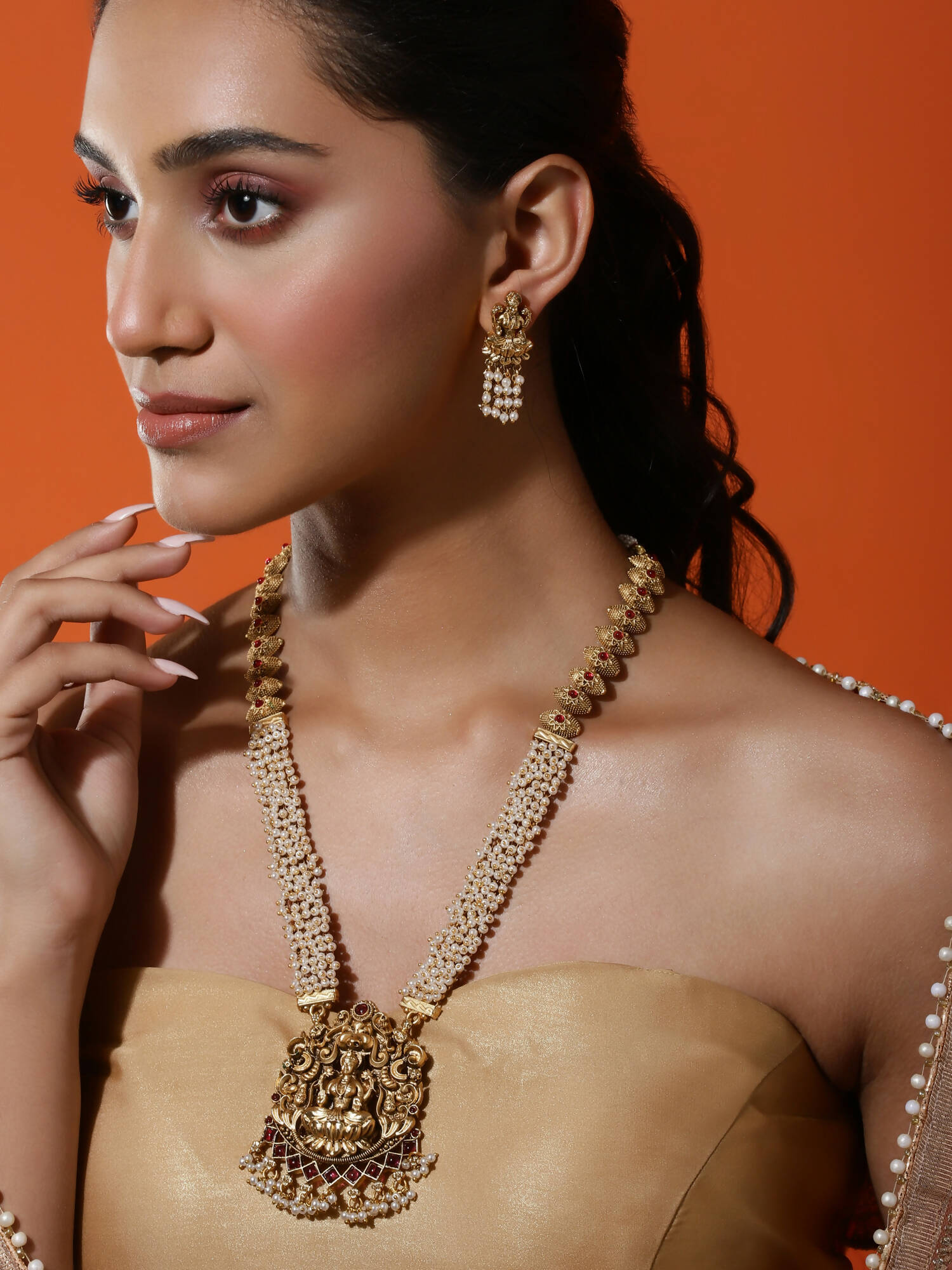 Gold-Plated Pink White Stones-Studded Beaded Jewellery Set - Ruby Raang - Grab2buy