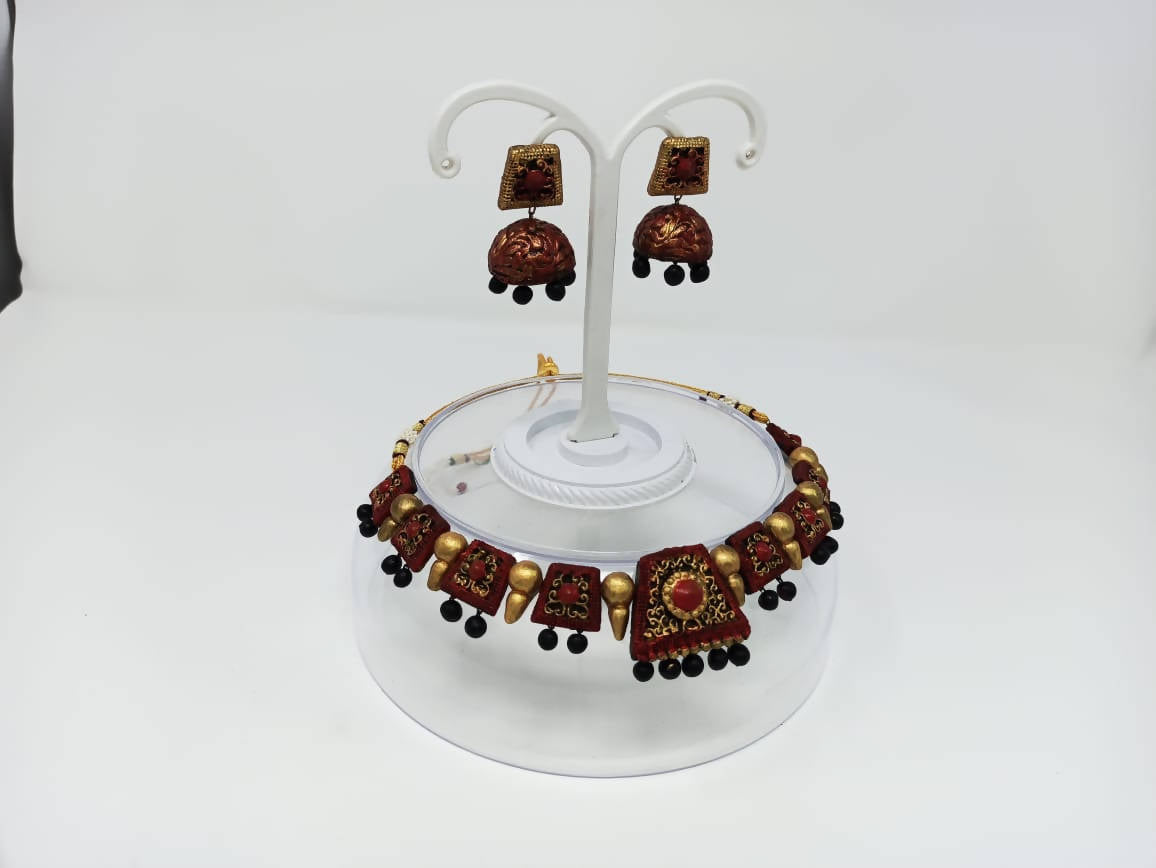 Terracotta Red and Black Choker Necklace Set Paired with Temple Earrings
