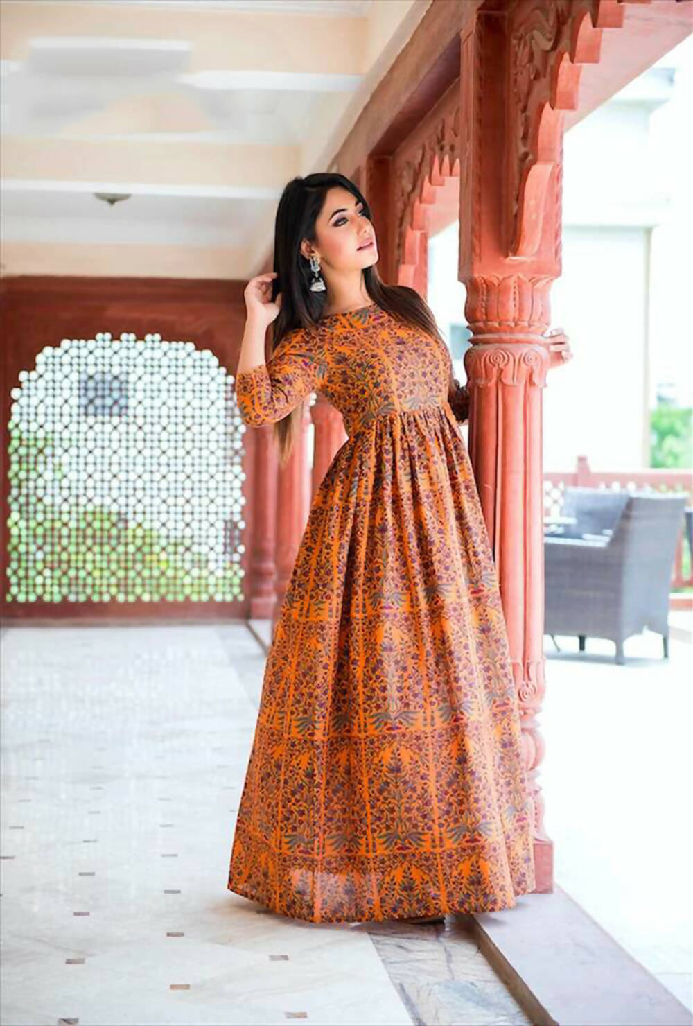 Designer Partywear Printed Dark Coral Pure Maslin Gown - Anbazaar