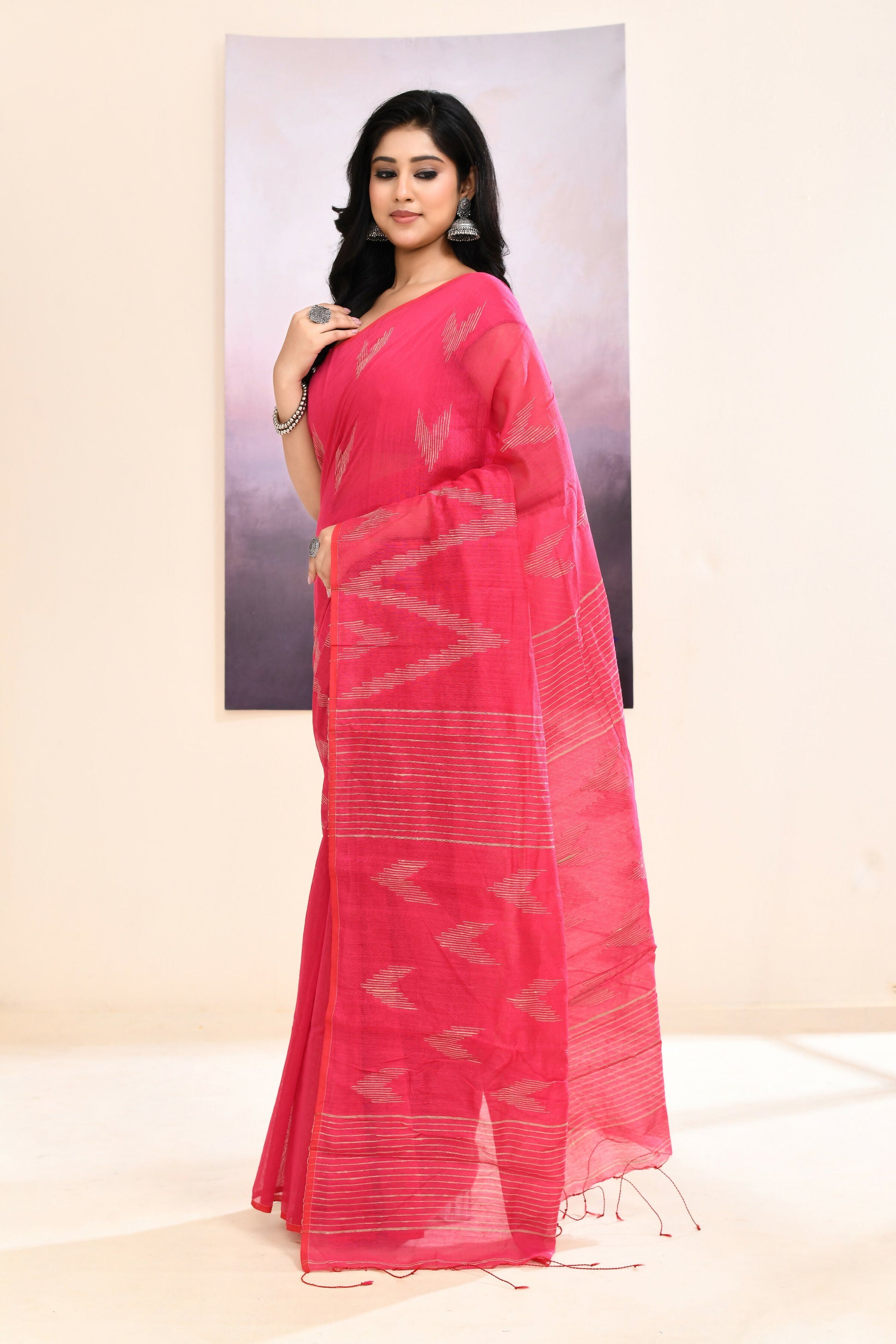 Piyari Fashion Women's Pink Embellished Cotton Blend Jamdani Saree