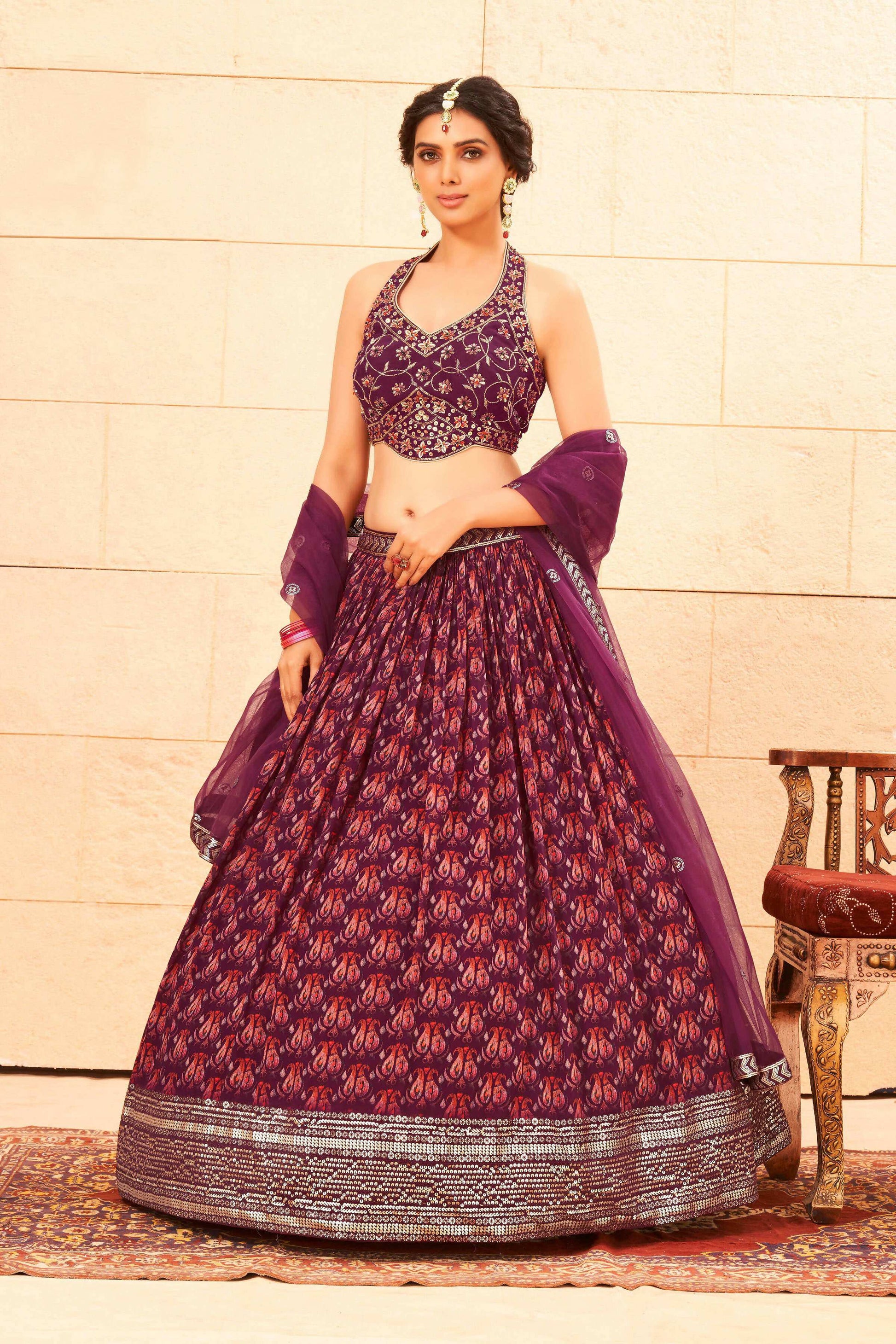 Purple Faux Georgette Sequence work Lehenga Choli with Dupatta - Dhvani