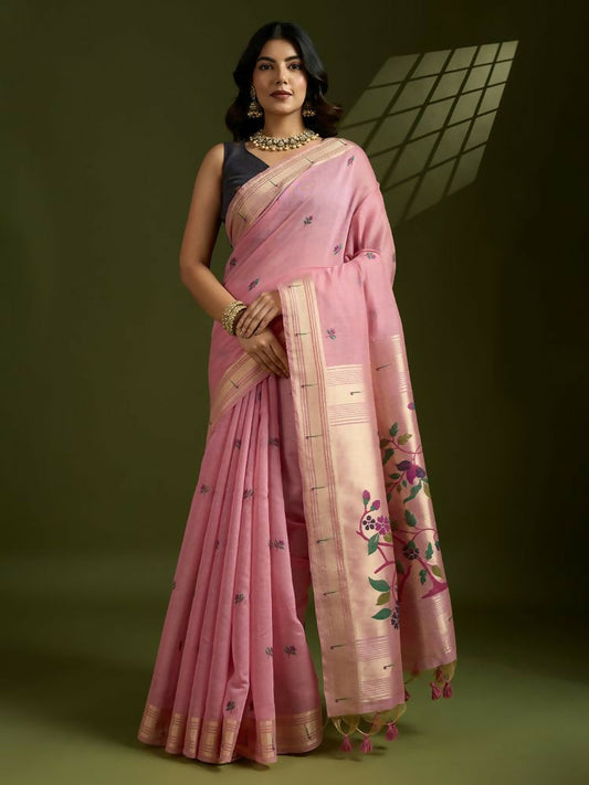 Vishnu Weaves Women's Pink Muga Cotton Thread Woven Butti with Blouse 