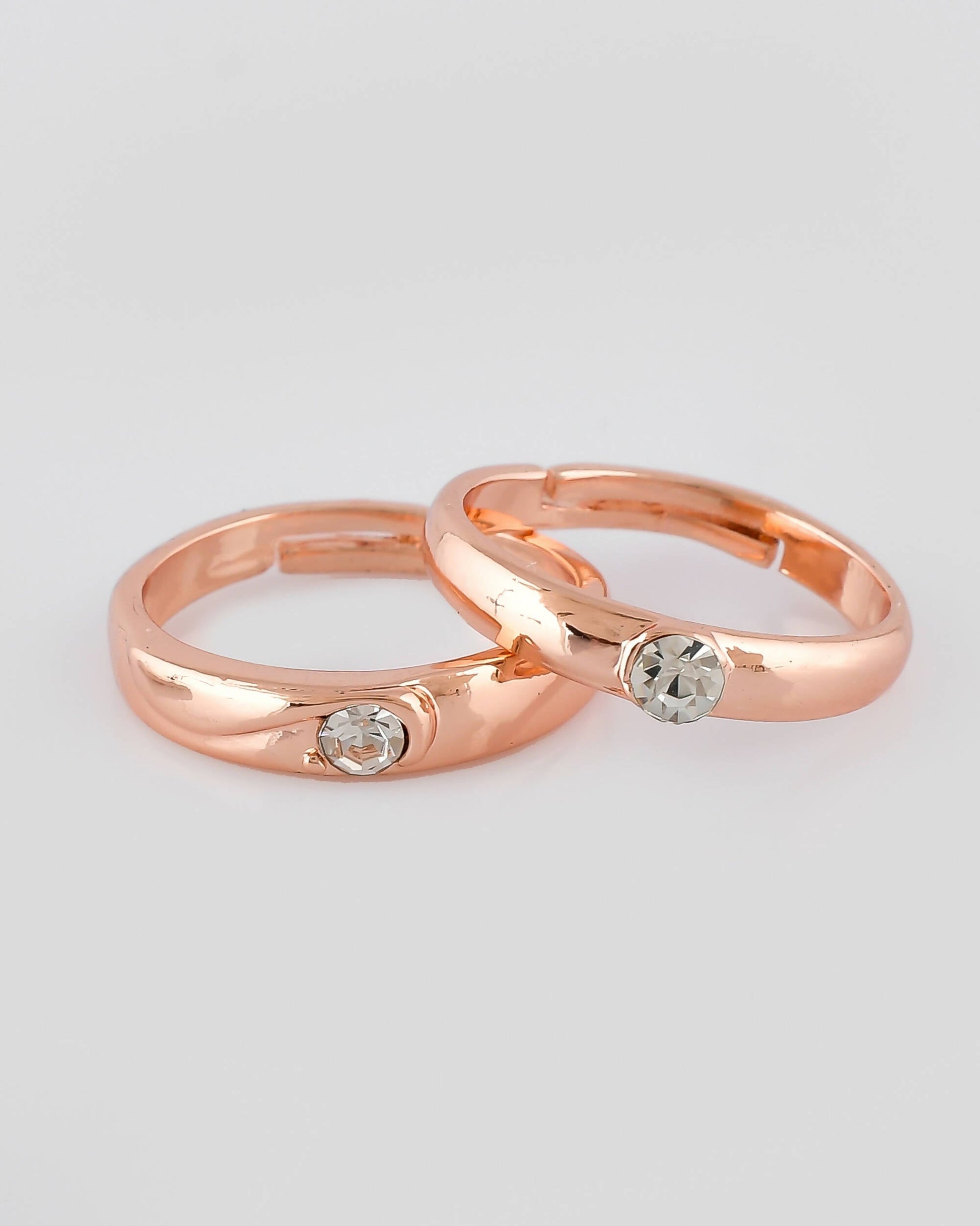 VOJ Stainless Steel Cubic Zirconia Rose Gold-Polished Adjustable Ring Set for Couple 