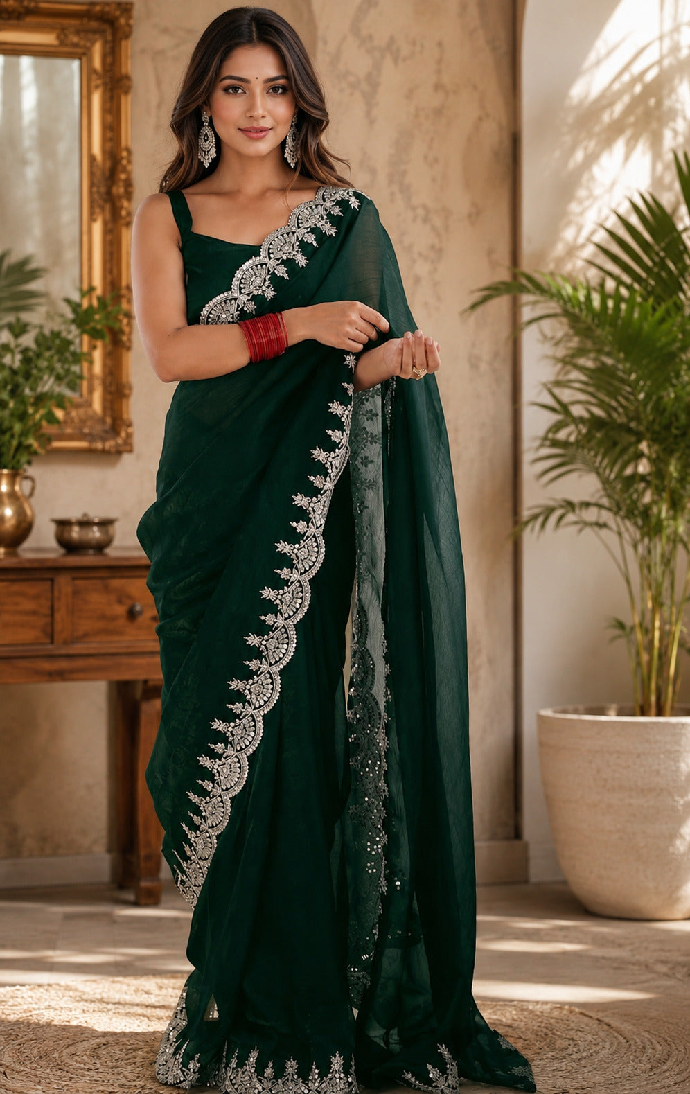 Dwija Fashion Green Party Wear Embroidered Shimmer Chifon Saree With Unstitched Blouse