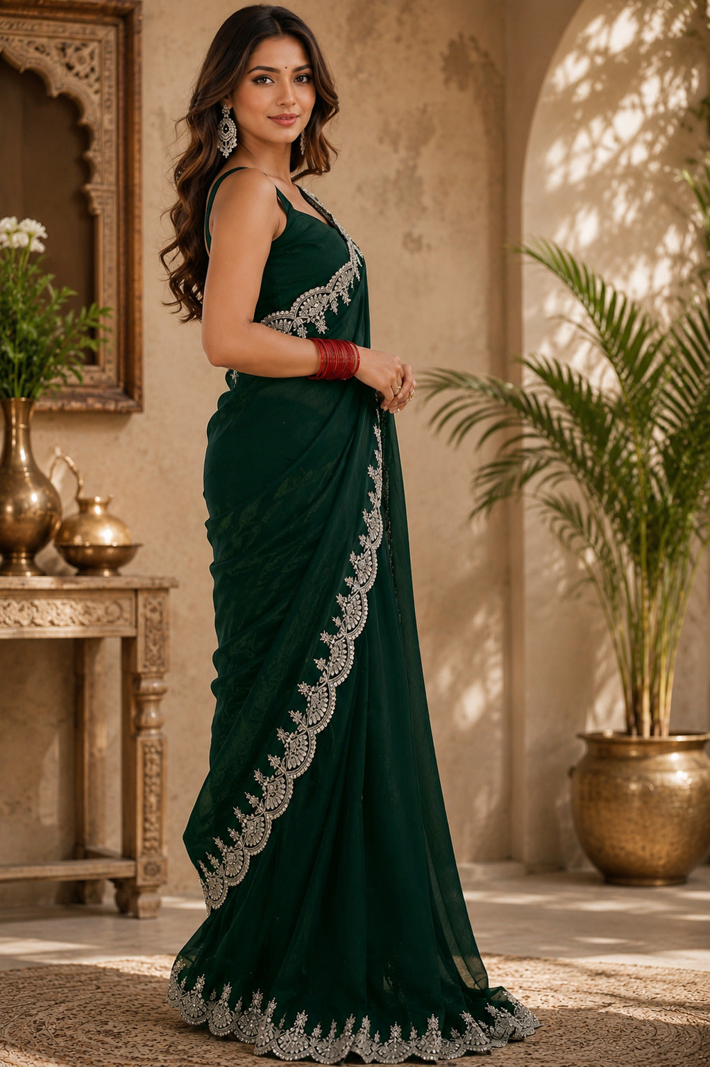 Dwija Fashion Green Party Wear Embroidered Shimmer Chifon Saree With Unstitched Blouse