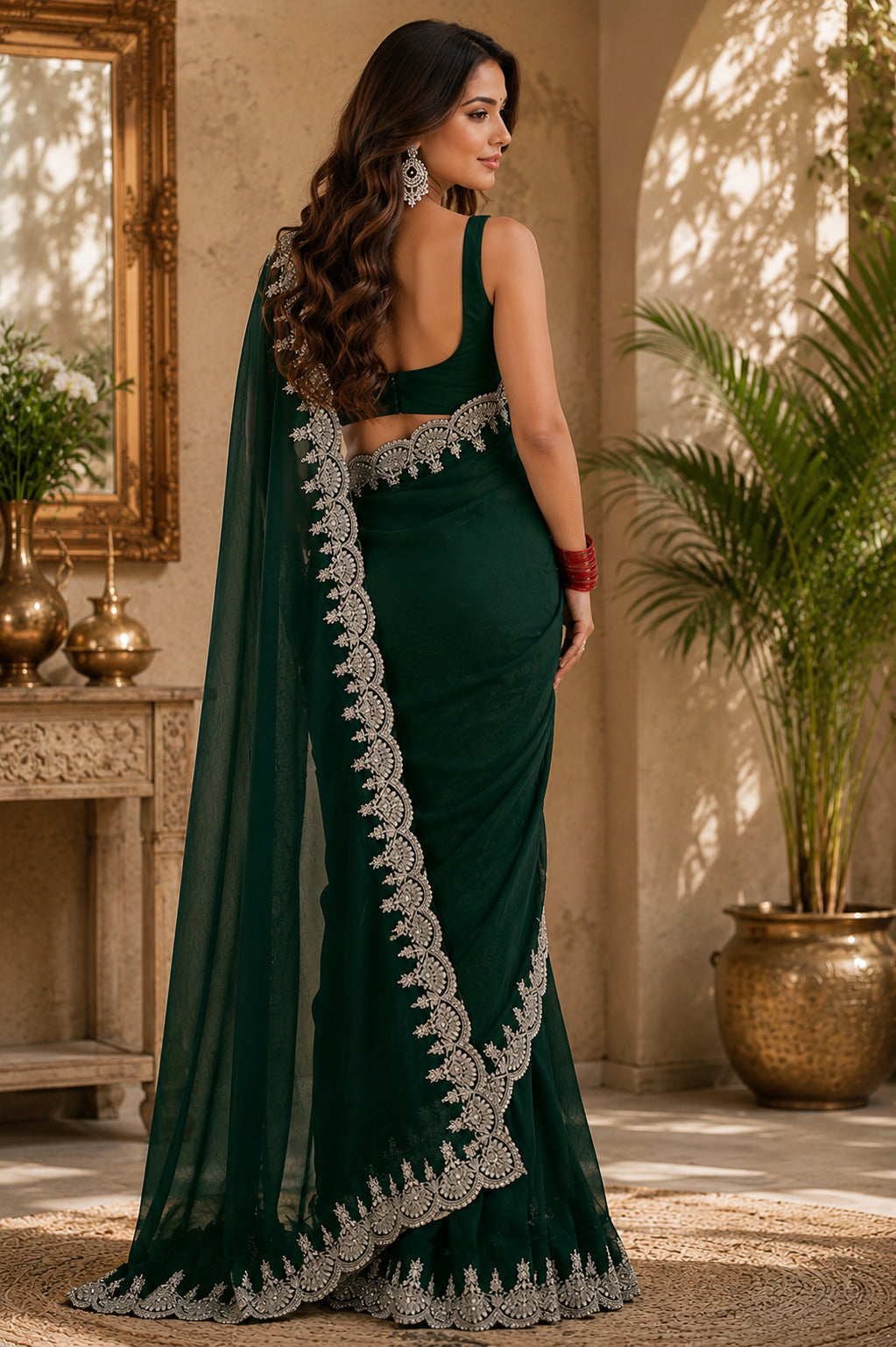 Dwija Fashion Green Party Wear Embroidered Shimmer Chifon Saree With Unstitched Blouse