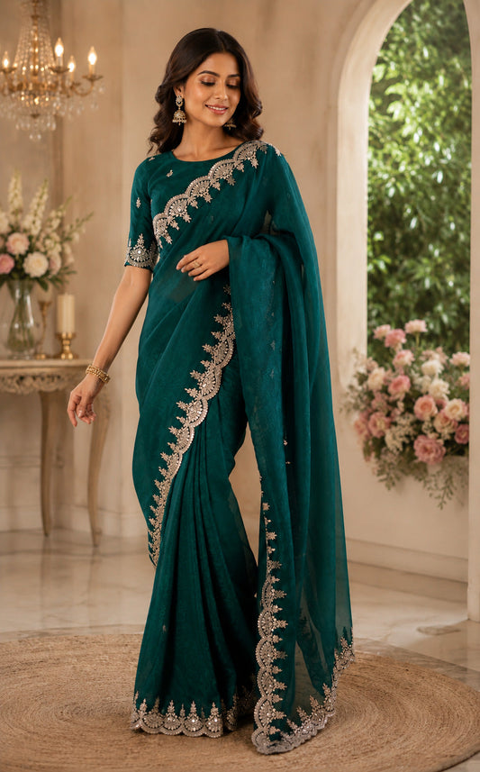 Dwija Fashion Green Party Wear Embroidered Shimmer Chifon Saree With Unstitched Blouse