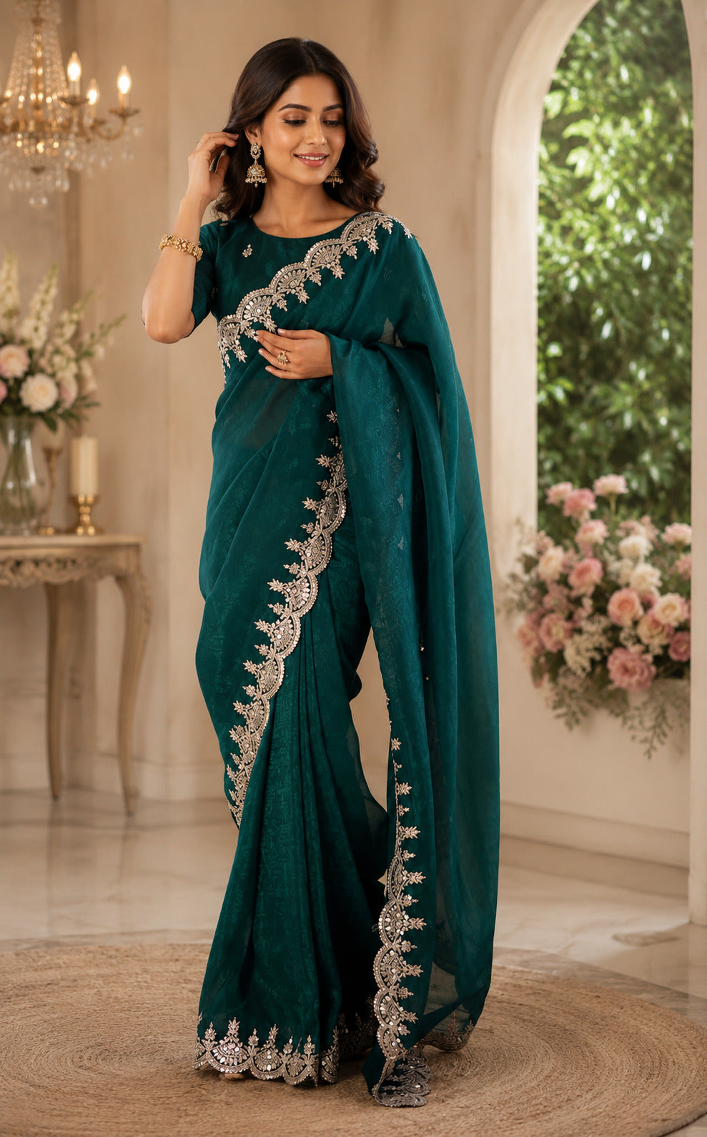 Dwija Fashion Green Party Wear Embroidered Shimmer Chifon Saree With Unstitched Blouse