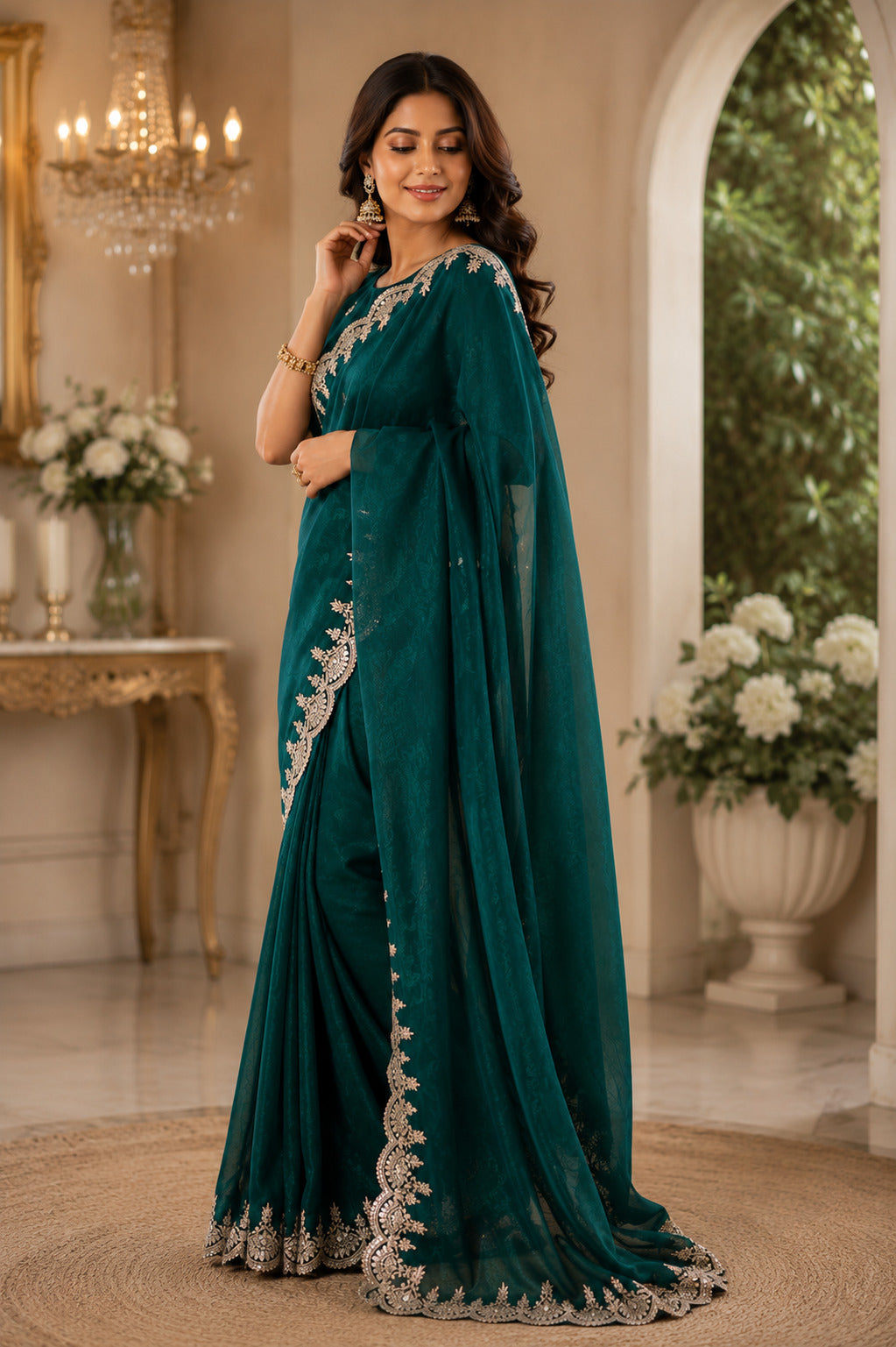 Dwija Fashion Green Party Wear Embroidered Shimmer Chifon Saree With Unstitched Blouse