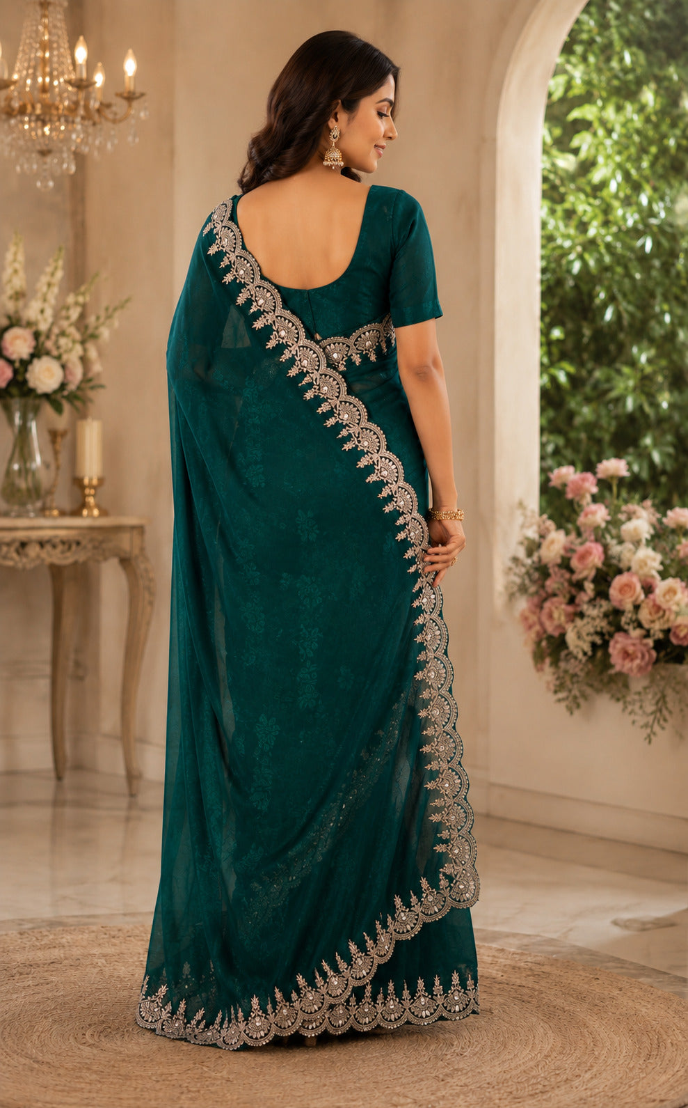 Dwija Fashion Green Party Wear Embroidered Shimmer Chifon Saree With Unstitched Blouse