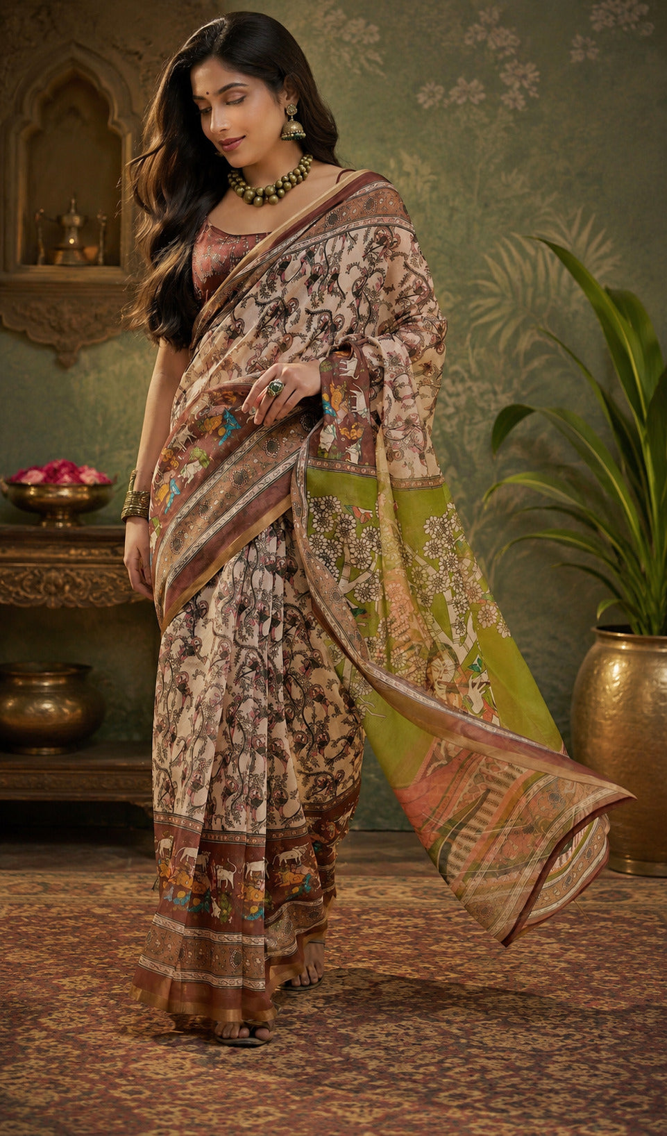 Dwija Fashion Women'S Casual Wear Printed Linen Designer Saree With Unstitched Blouse-Beige