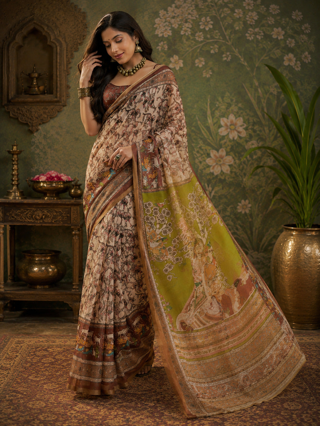 Dwija Fashion Women'S Casual Wear Printed Linen Designer Saree With Unstitched Blouse-Beige