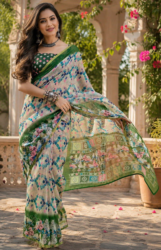 Dwija Fashion Women'S Casual Wear Printed Linen Designer Saree With Unstitched Blouse-White