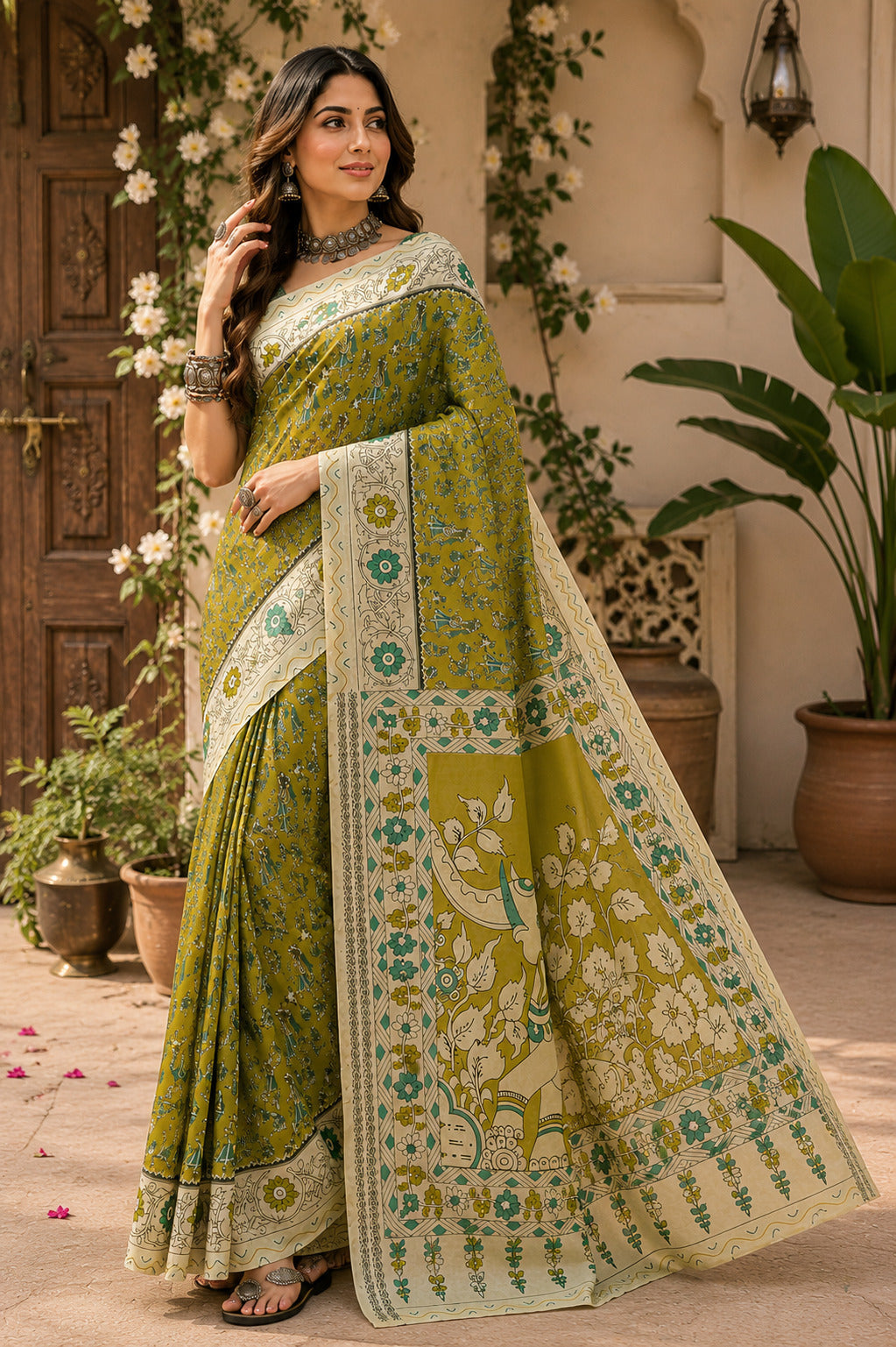 Dwija Fashion Women'S Casual Wear Printed Linen Designer Saree With Unstitched Blouse-Mint Green